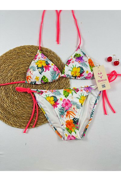 FUNELLA Floral Patterned Stylish Women's Bikini Set with Side and Neck Tie