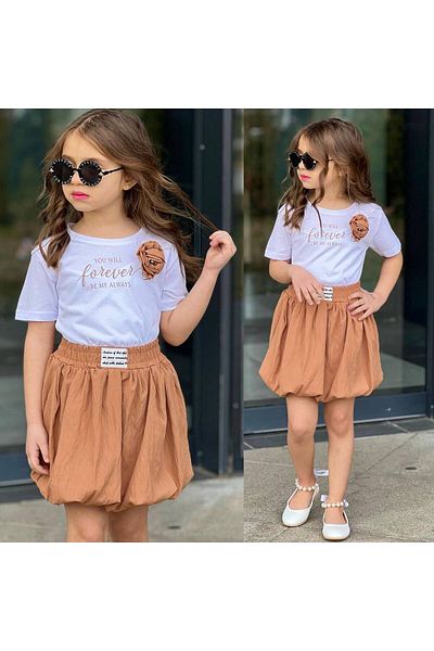 sinmm Girl's Balloon Skirted Bottom-Up Suit with Flower Detail in the Collar, Camel Color