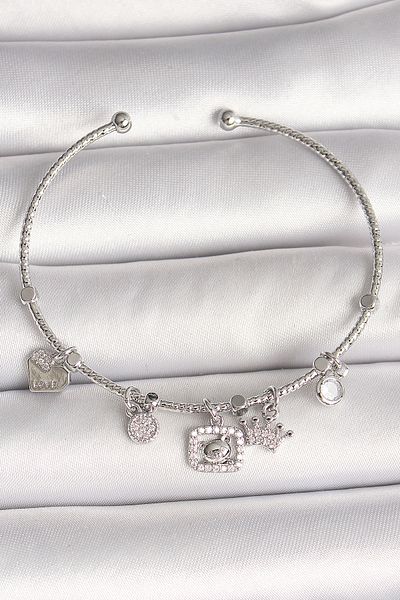 Clariss Brass Silver Color Dangle Zircon Stone Teddy Bear Figure Crown Detail Charm Women's Bracelet