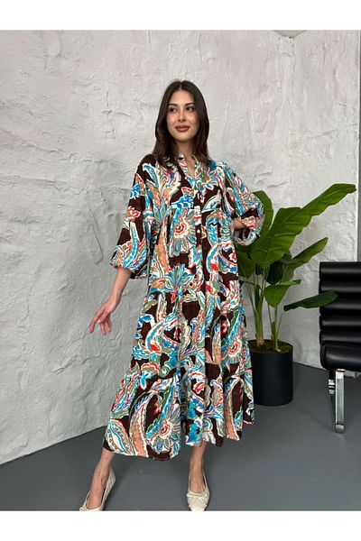 Elif Özbey Butik Ежедневна рокля с шарки в цвят кафе