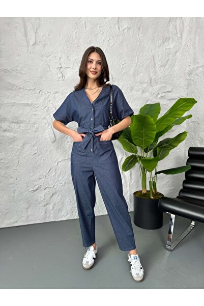 Elif Özbey Butik İnce Denim Bel Lastikli Tulum