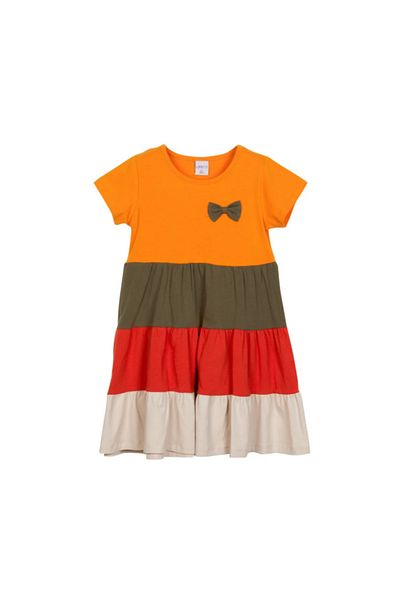 LOVETTI Short Sleeve Girl's Dress - Yellow Jewelled Bow, Layered Colored, Kadmium