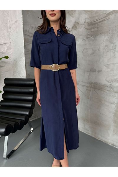 Elif Özbey Butik Rochie cu mânecă scurtă cu buzunar bleumarin