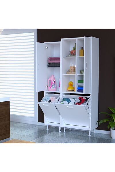 Modilayn Alaçatı Inci 90x160x32 Banyo Dolabı Çok Amaçlı Dolap Kirli Çamaşır Sepetli Dolap