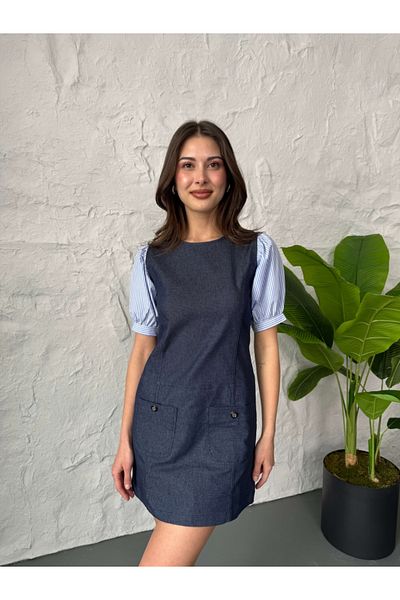 Elif Özbey Butik Rochie din denim cu detaliu popelin cu mâneci