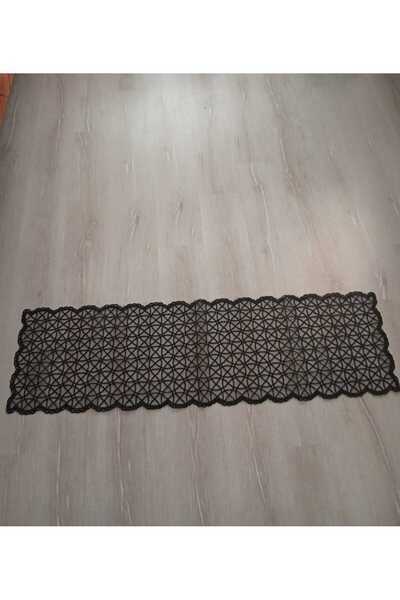Butik Fransız Dantel Zemini Siyah Tül Detaylı Tek Runner Sarmaşık Desenli Runner