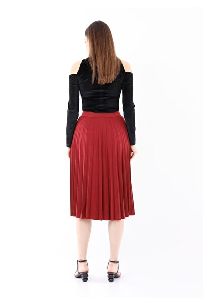 G-Line Diz Boyu Plise Bordo Beli Lastikli Etek