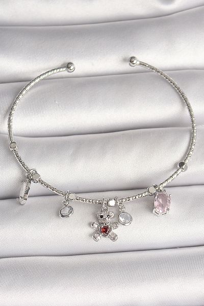 Mu Art Ahşap Brass Silver Color Hanging Zircon Stone Teddy Bear Figure Red Stone Detail Charm Women's Bracelet