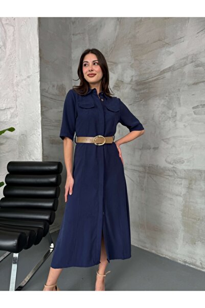 Elif Özbey Butik Lacivert Cep Detaylı Kısa Kol Elbise