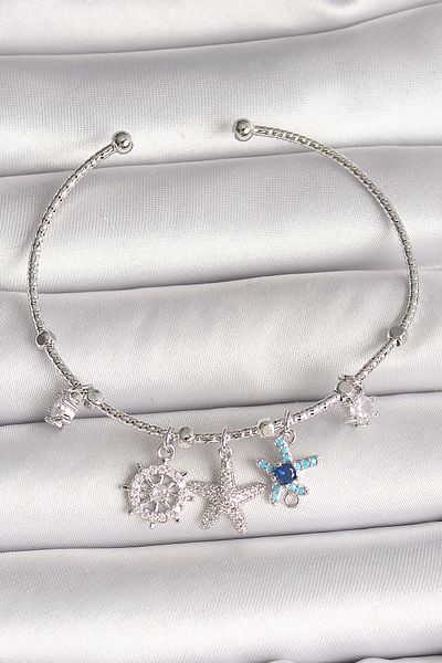 E BULURUM Brass Silver Color Dangle Zircon Stone Sea Star Figure Charm Women's Bracelet