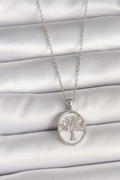 Clariss 316L Steel Silver Color Chain Zircon Stone Embroidered White Enamel Tree Embroidered Portrait Model Women's Necklace
