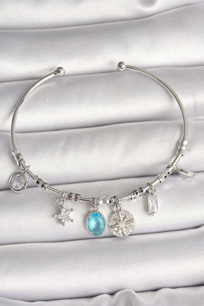 Nehir سوار نسائي بتصميم بوصلة متدلية بلون نحاسي فضي مع تفاصيل على شكل قلب، هد...