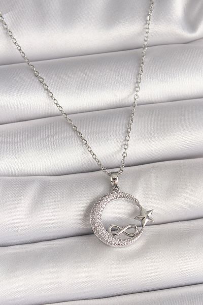 Clariss 316L Steel Silver Color Chain Zircon Stone Moon Star Model Infinity Detail Women's Necklace