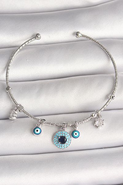 Mu Art Ahşap Brass Silver Color Dangle Zircon Stone Evil Eye Bead Figure Charm Women's Bracelet
