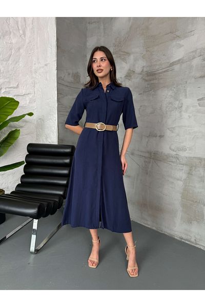 Elif Özbey Butik Rochie cu mânecă scurtă cu buzunar bleumarin