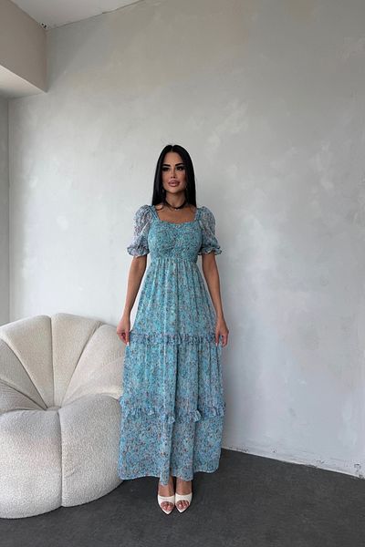 LİLA İSTANBUL Square Neck Watermelon Sleeve Gimped Floral Patterned Summer Dress