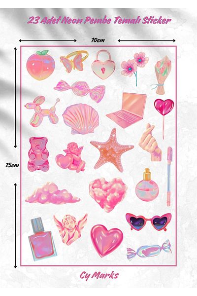 alışveriş kurdu Pink Neon Sticker Label Set 23 Pieces - Planner, Agenda, Laptop, Phone, Bullet Journal Label