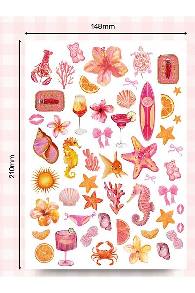 alışveriş kurdu Pink Summer Sticker Label Set 52 Pieces - Planner, Agenda, Laptop, Phone, Bullet Journal Label
