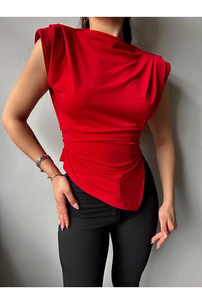Butik Beyza Asymmetric Cut Lycra Sandy Blouse with Padded Shoulders