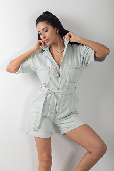 top girl Kadın Denim Şortlu Kuşaklı Kot Tulum