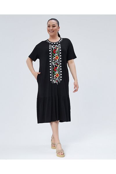 Şans Plus Size Dress for Women - Black, Crew Neck, Embroidered Short Sleeve, Viscose with Pockets