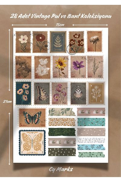 alışveriş kurdu Vintage Sequin Tape Sticker Set 28 Pieces - Planner, Agenda, Laptop, Phone, Bullet Journal Label