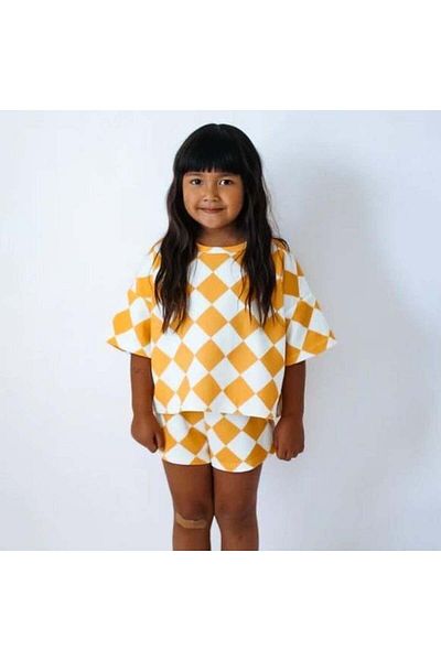 Lolliboomkids Girl's Oversize Plaid - Checker Patterned T-Shirt and Shorts 2-Piece Set 2-7 Years Old Summer Suit Yellow Color