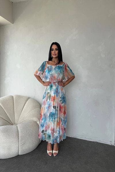 LİLA İSTANBUL Square Neck Pleated Chiffon Floral Print Summer Dress