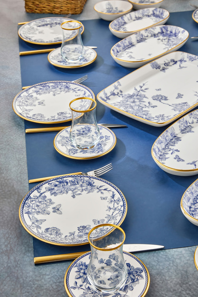 Mabeyn 27 Parça Çay Bardaklı Seramik Kahvaltılık Pasta Servis Takımı Seti Mavi