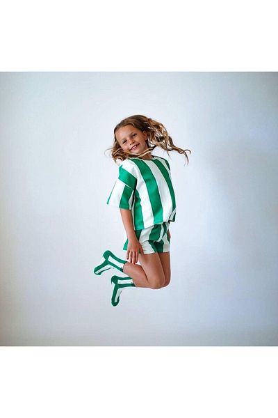 Lolliboomkids Green and White Striped Oversize Children's Shorts Suit Comfortable and Stylish Summer Suit