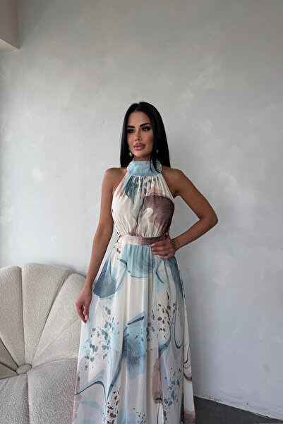 LİLA İSTANBUL Balıkçı Yaka Kendinden Desenli Yırtmaç Detaylı Gece Elbisesi