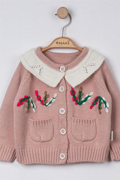 Motebarn Wear Pink Children's Knitwear Embroidered Cardigan