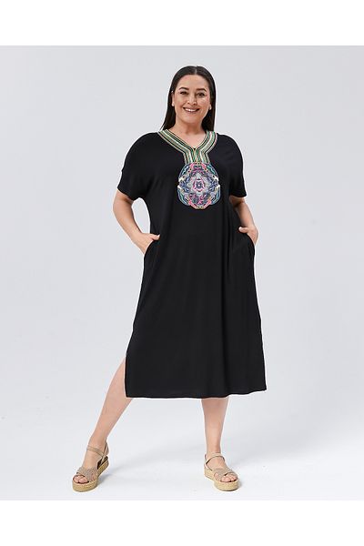 Şans Plus Size Black Women Dress V Neck Embroidery Embroidered Short Sleeve with Pockets Viscose 65N38953