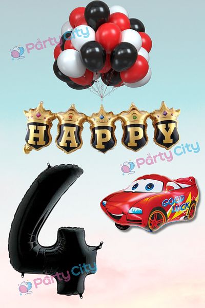 Party City 4 Year Old Car Themed Birthday Party Celebration Balloon Set with Happy Foil Balloons