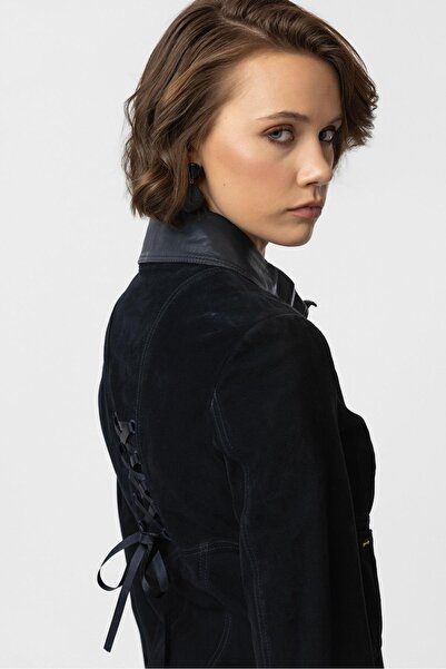 Deriderim Navy Blue Eylin Women's Genuine Suede Shirt