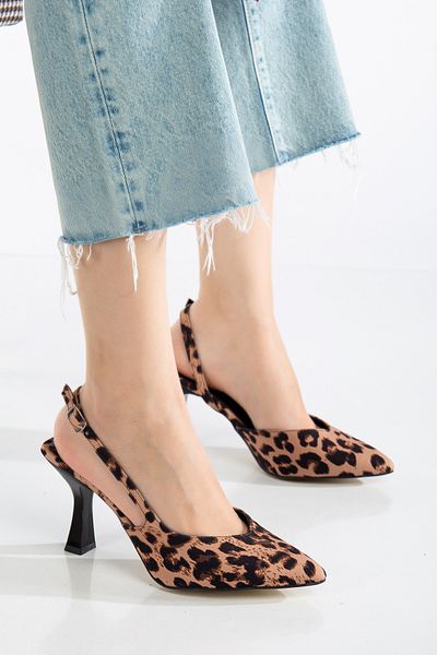 Savves Leopard Patterned Women's Pointed Toe Open Back Heeled Shoes