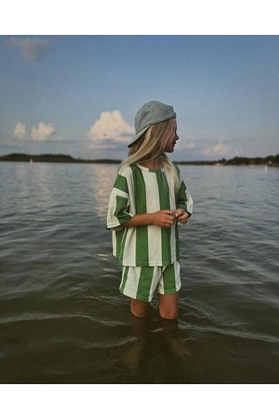 Lolliboomkids Green and White Striped Oversize Children's Shorts Suit Comfortable and Stylish Summer Suit