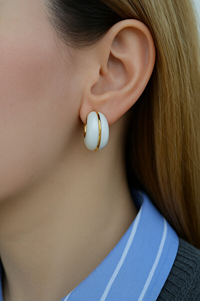 Sacce Scarves&Accessories İnci Rengi Mineli Bombeli Küpe Altın Detaylı, Vintage Halka Küpe