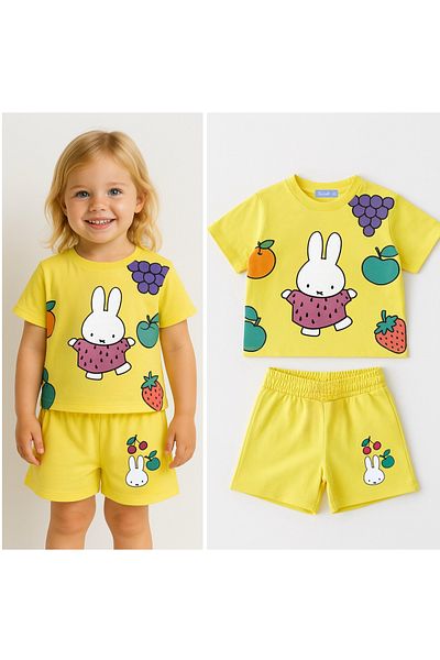 Lolliboomkids Girl's Drawing Rabbit Fruit Patterned Yellow Color Underwear Set New Season