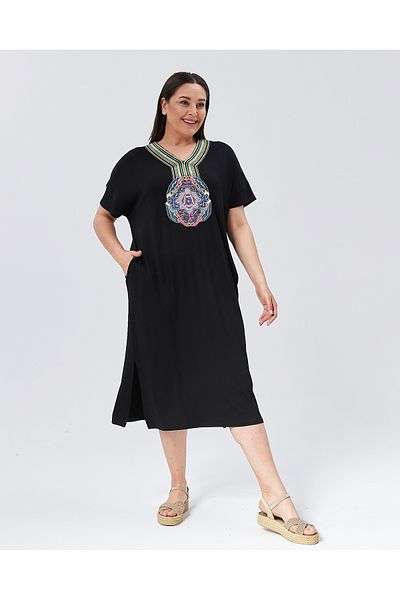 Şans Plus Size Black Women Dress V Neck Embroidery Embroidered Short Sleeve with Pockets Viscose 65N38953