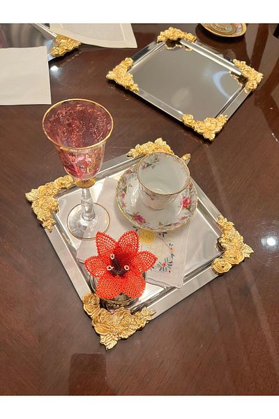 farklı evim 6*Luxury Silver Plated Tea-Coffee Presentation Tray, 4 Corners Square with Golden Flower