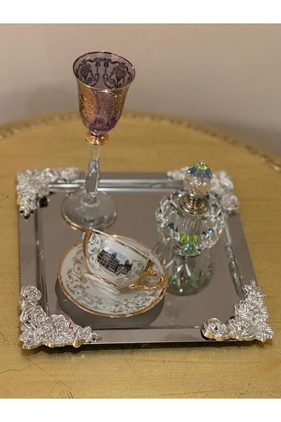 Farklıevim 6-Piece Luxury Silver Cafe Presentation Tray Flower Design Has 4 Corners