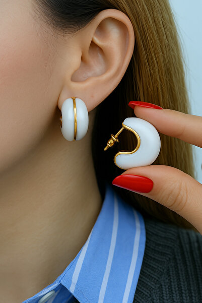 Sacce Scarves&Accessories İnci Rengi Mineli Bombeli Küpe Altın Detaylı, Vintage Halka Küpe