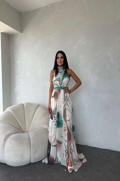 LİLA İSTANBUL Turtleneck Self Patterned Evening Dress with Slit Detail
