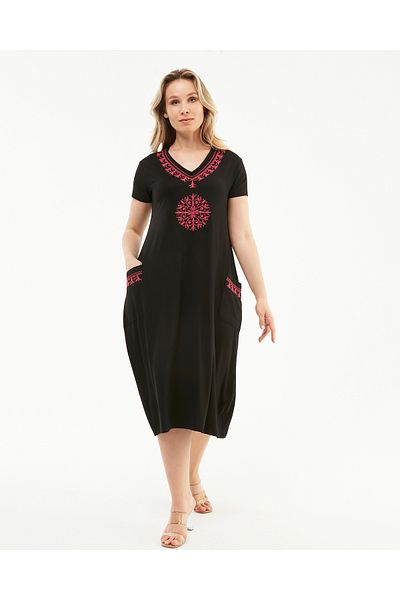 Şans Women's Plus Size Black, V-Neck, Embroidered Short Sleeve, Pocket Viscose Dress 65N38951