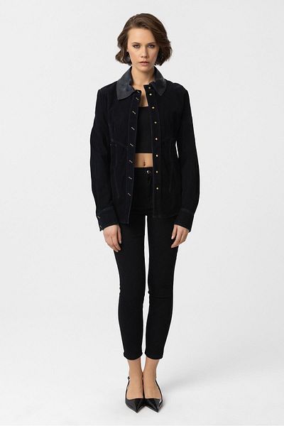 Deriderim Navy Blue Eylin Women's Genuine Suede Shirt