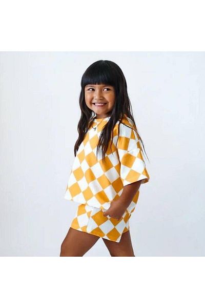 Lolliboomkids Girl's Oversize Plaid - Checker Patterned T-Shirt and Shorts 2-Piece Set 2-7 Years Old Summer Suit Yellow Color