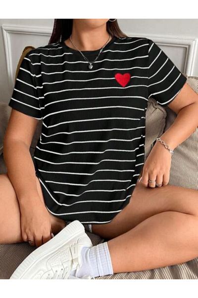 Mrs.idea Tricou oversize cu gât negru pentru femei, cu detaliu inimă în dungi