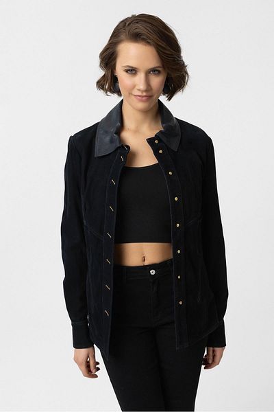 Deriderim Navy Blue Eylin Women's Genuine Suede Shirt