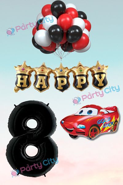 Party City 8 Year Old Car Themed Birthday Party Celebration Balloon Set with Happy Foil Balloons